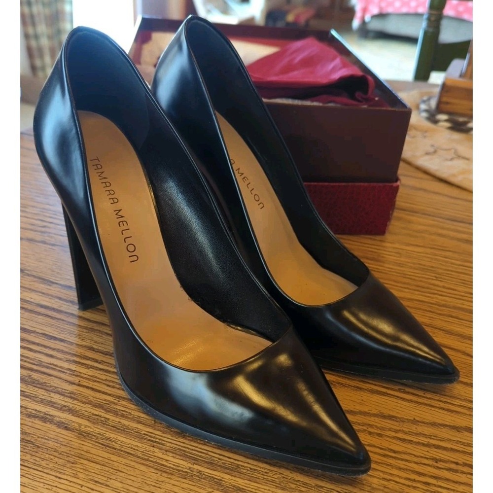 Beautiful Tamara Mellon Black Leather EU 39 Heels Pumps Shoes With Box